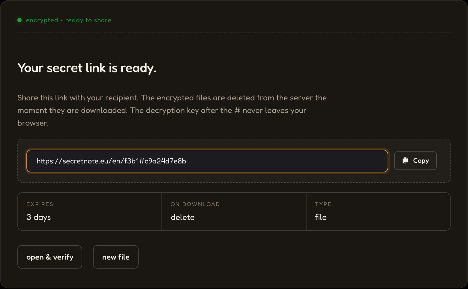 Screenshot: the one-time download link ready to share