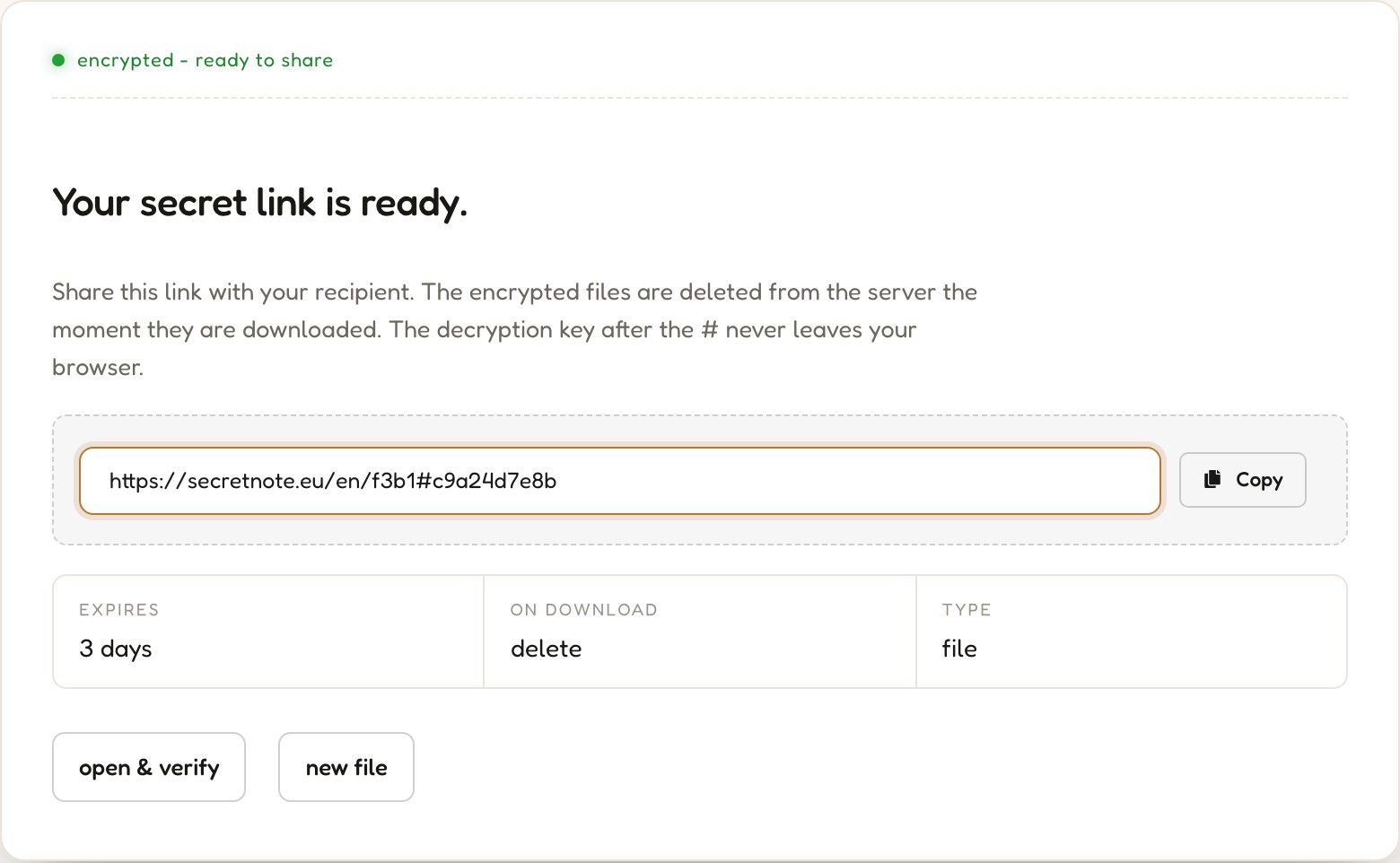 Screenshot: the one-time download link ready to share