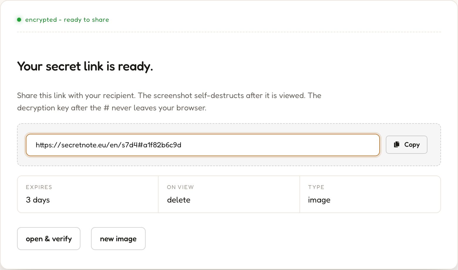 Screenshot: the one-time view link ready to share