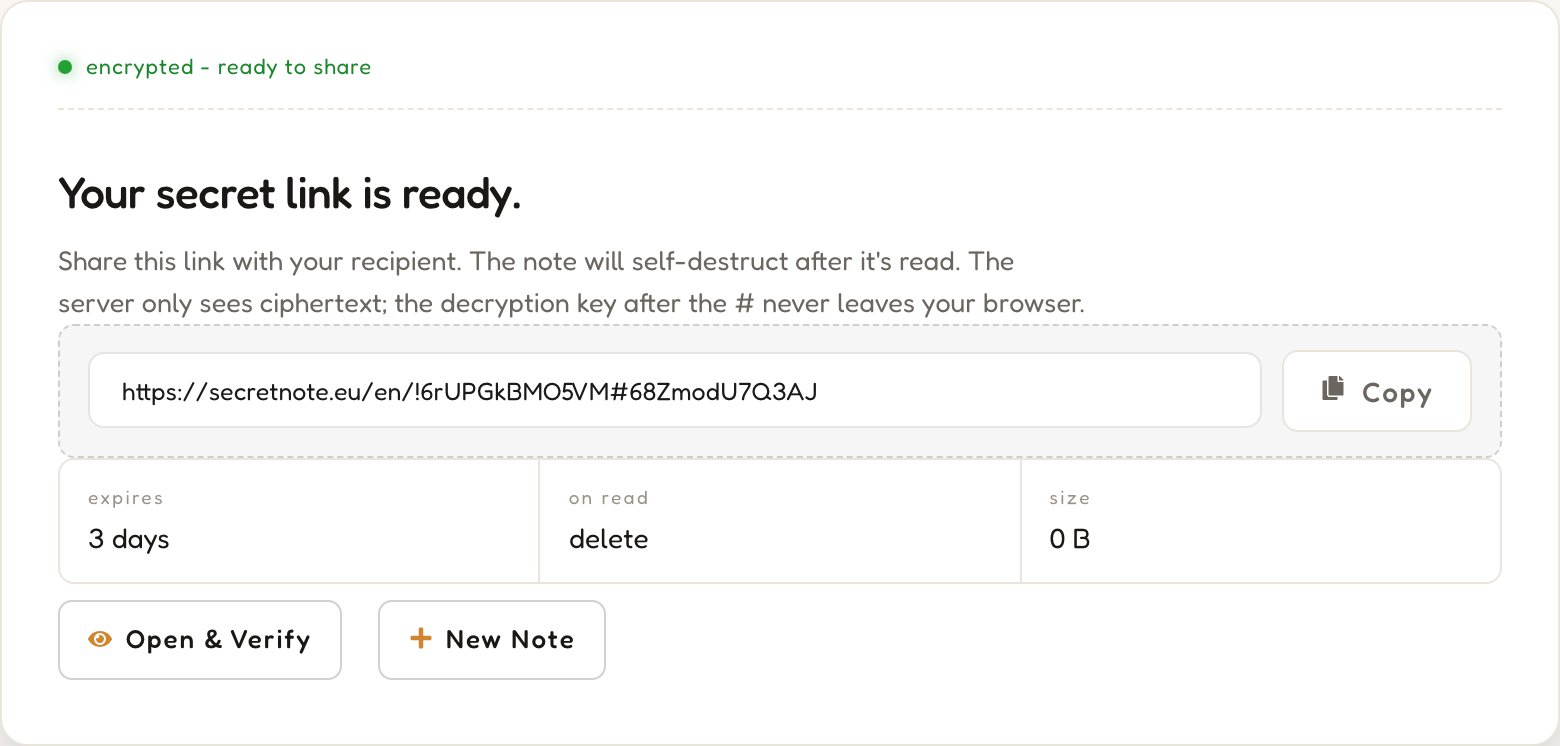 Screenshot: the generated secret link ready to share