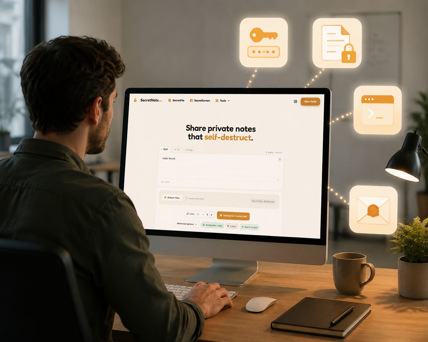 A person at their computer sending a private note, with passwords, documents, code secrets and messages floating securely from the screen